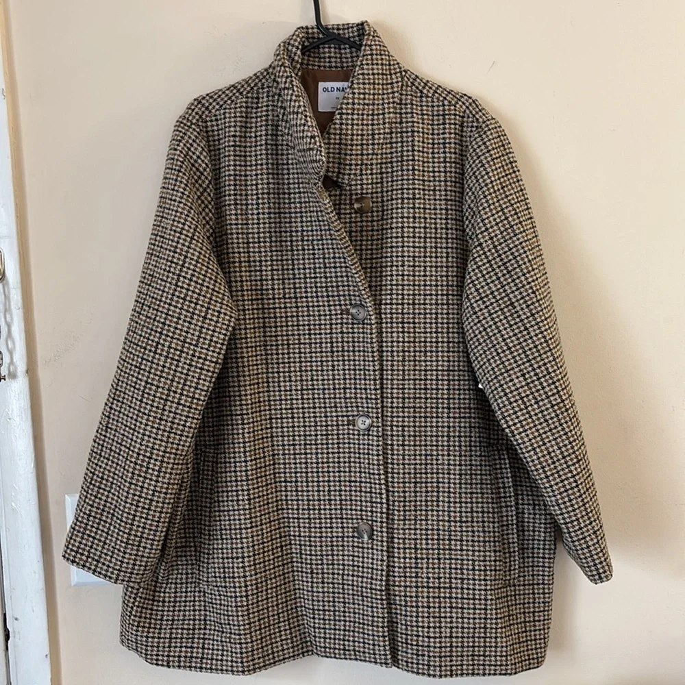 Old Navy Soft-Brushed Houndstooth Plaid Button-Front Wool Blend Overcoat Size 2X